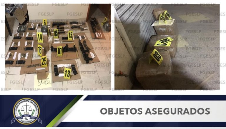 En Rioverde fiscalía asegura en cateos armas largas, cartuchos, granadas, droga y equipo táctico