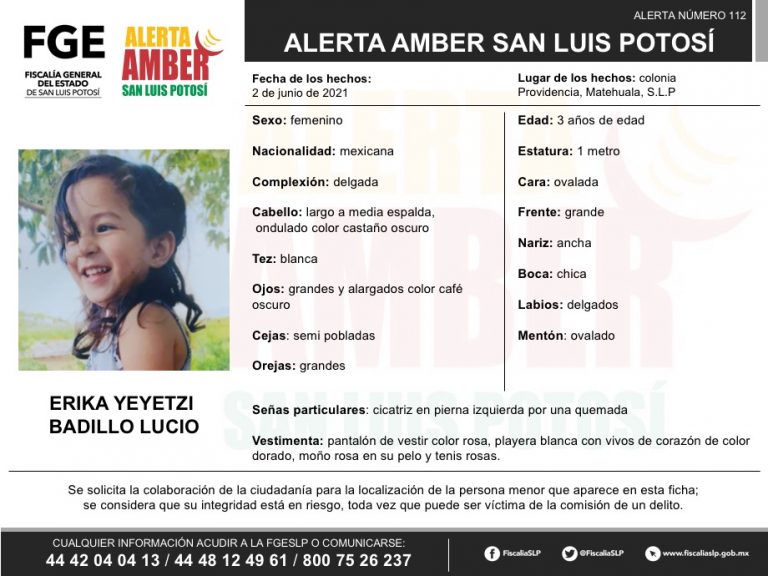 Activa FGE alerta AMBER para localizar a una niña de Matehuala